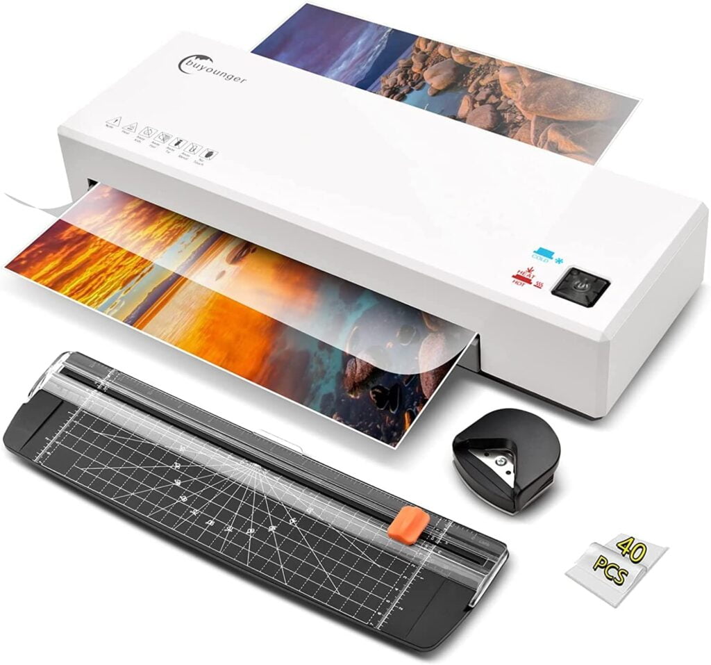 Buyounger Laminator, 4 in 1 Laminator Machine with 40 Laminating Sheets, A4 Laminating Machine Hot  Cold with Paper Trimmer  Corner Rounder, 9-Inch Personal Thermal Laminator for Home School Office