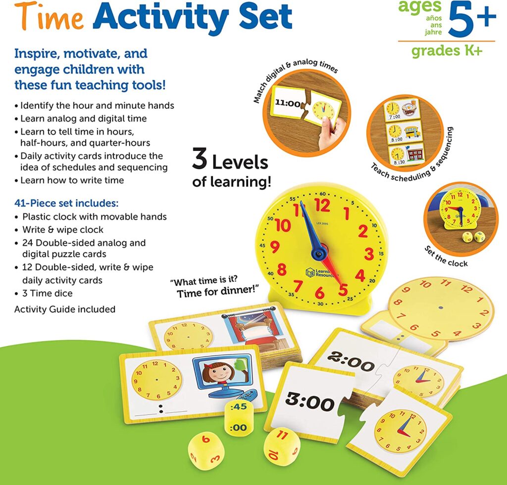 Learning Resources Time Activity Set - 41 Pieces, Ages 5+ Teaching Clocks for Kids, Telling Time, Homeschool Supplies, Kindergartner Learning Activities