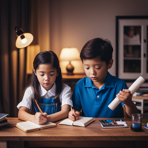 An image of two homeschooling siblings sitting side by side at a wooden table, engaged in separate activities