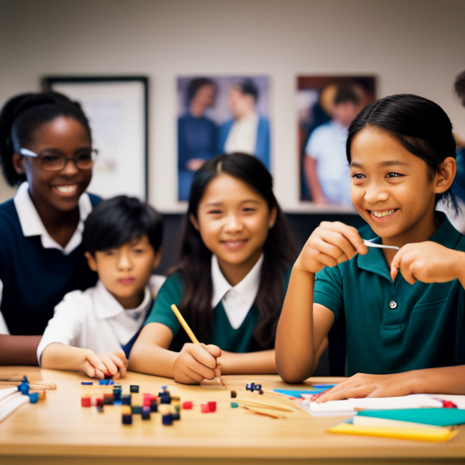 An image showcasing a diverse group of children engaged in interactive activities, with a homeschool curriculum displayed in the background