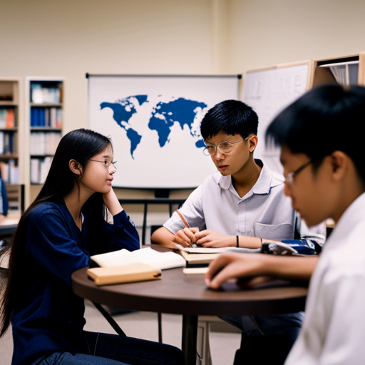 An image showcasing a diverse group of high school homeschoolers engaged in various educational activities, surrounded by shelves filled with books, a world map on the wall, and a calendar marking important dates