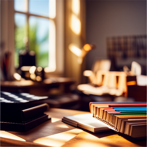 An image showcasing a cozy homeschool environment: a sunlit room adorned with vibrant artwork, paintbrushes, and musical instruments beckoning exploration and creative expression